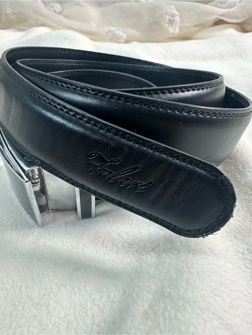 Men’s Black Leather Belt with Rectangular Silver-Tone Buckle Size 28-44